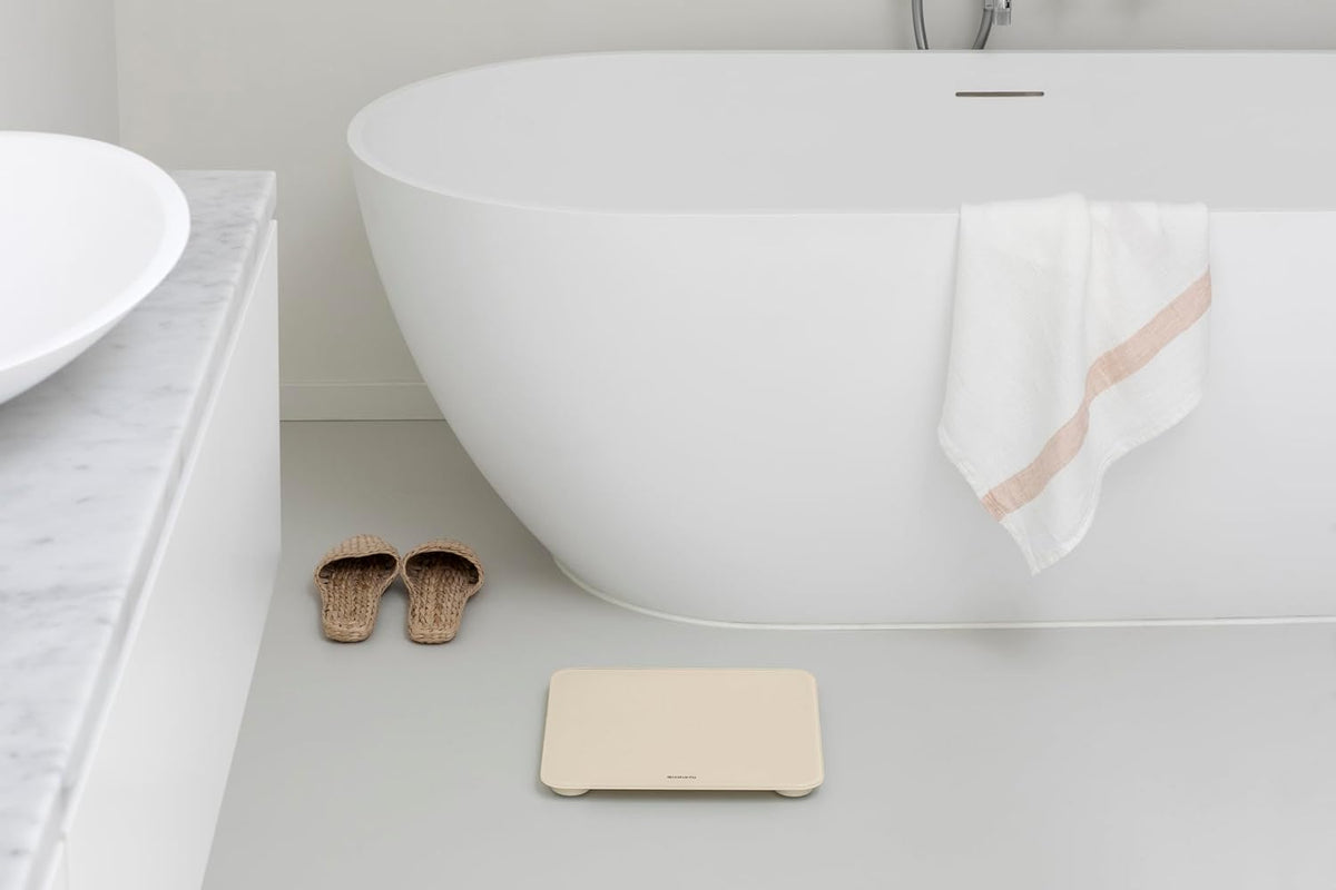 Brabantia - ReNew Digital Bathroom Scale - Battery Powered - Glass Weighting Scale weighs up to 397 lb - Accurate System - Soft Non-Slip Feet - 4x AAA Batteries Included - Soft Beige - 30 x 30 cm
