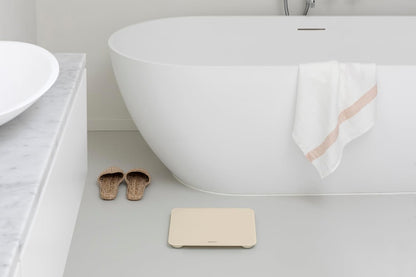 Brabantia - ReNew Digital Bathroom Scale - Battery Powered - Glass Weighting Scale weighs up to 397 lb - Accurate System - Soft Non-Slip Feet - 4x AAA Batteries Included - Soft Beige - 30 x 30 cm