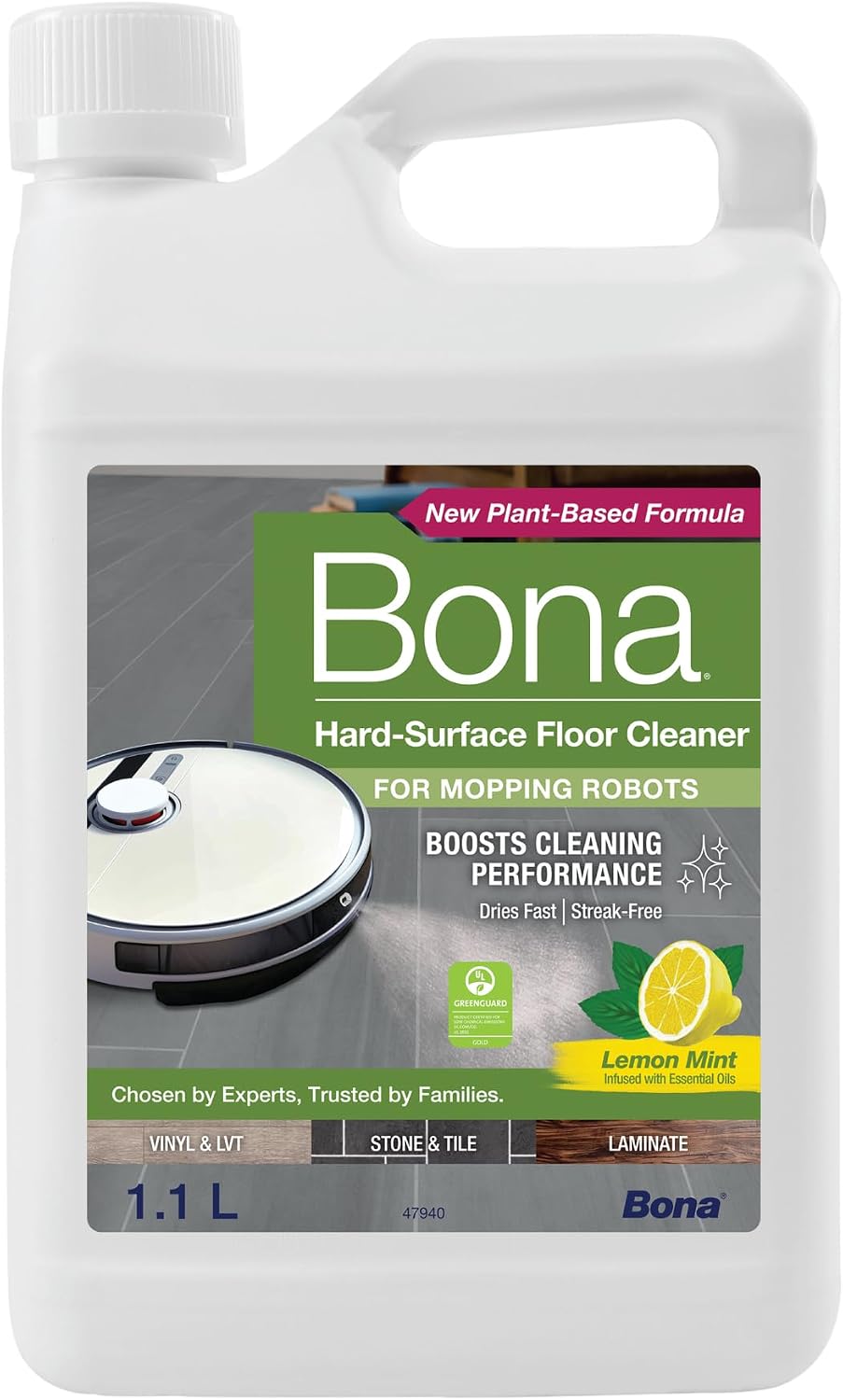 Bona Hard-Surface Floor Cleaner for Mopping Robots and Vacuums, Concentrate, Quick-drying and Streak-free, Lemon Mint - 1.1L