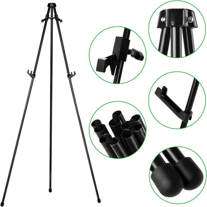 ASelected Display Easel Stand for Wedding Sign, Portable Folding Easel Floor Art Easel, Adjustable 160cm Tall Metal Poster Easel, Collapsible Tripod Easel with Plastic Clips, Black