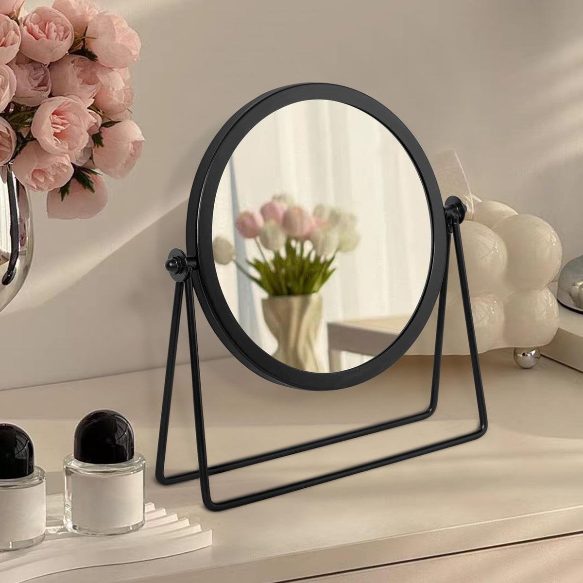 JJUUYOU Desk Mirror with Metal Framed Round Tabletop Mirror 360°Rotation Small Makeup with Stand Mirrors for for Office Dorm Room Cosmetic Black