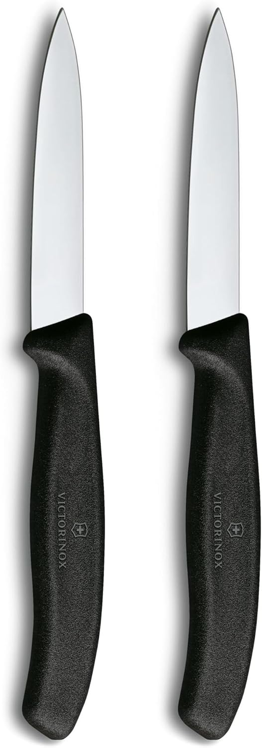 Victorinox Swiss Classic 2X Paring and Vegetable Knife Set, 8 cm, Black | Straight edge fruit and peeling knives for precise tasks, stainless steel and ergonomic handle, Dishwasher-safe, Swiss Made
