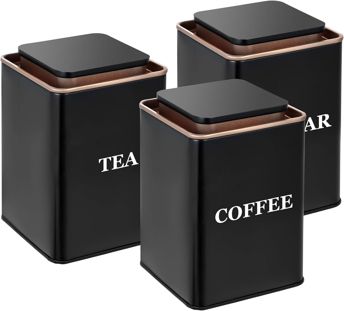 Tea Coffee Sugar Canisters, Set of 3 Tea Coffee and Sugar Canisters for Home, Easy Open & Airtight Lids, Decorative Food Caddy, Kitchen Storage Jars, Decorative Stainless Tins (BLACK SQUARE)