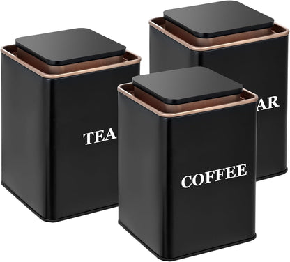 Tea Coffee Sugar Canisters, Set of 3 Tea Coffee and Sugar Canisters for Home, Easy Open & Airtight Lids, Decorative Food Caddy, Kitchen Storage Jars, Decorative Stainless Tins (BLACK SQUARE)