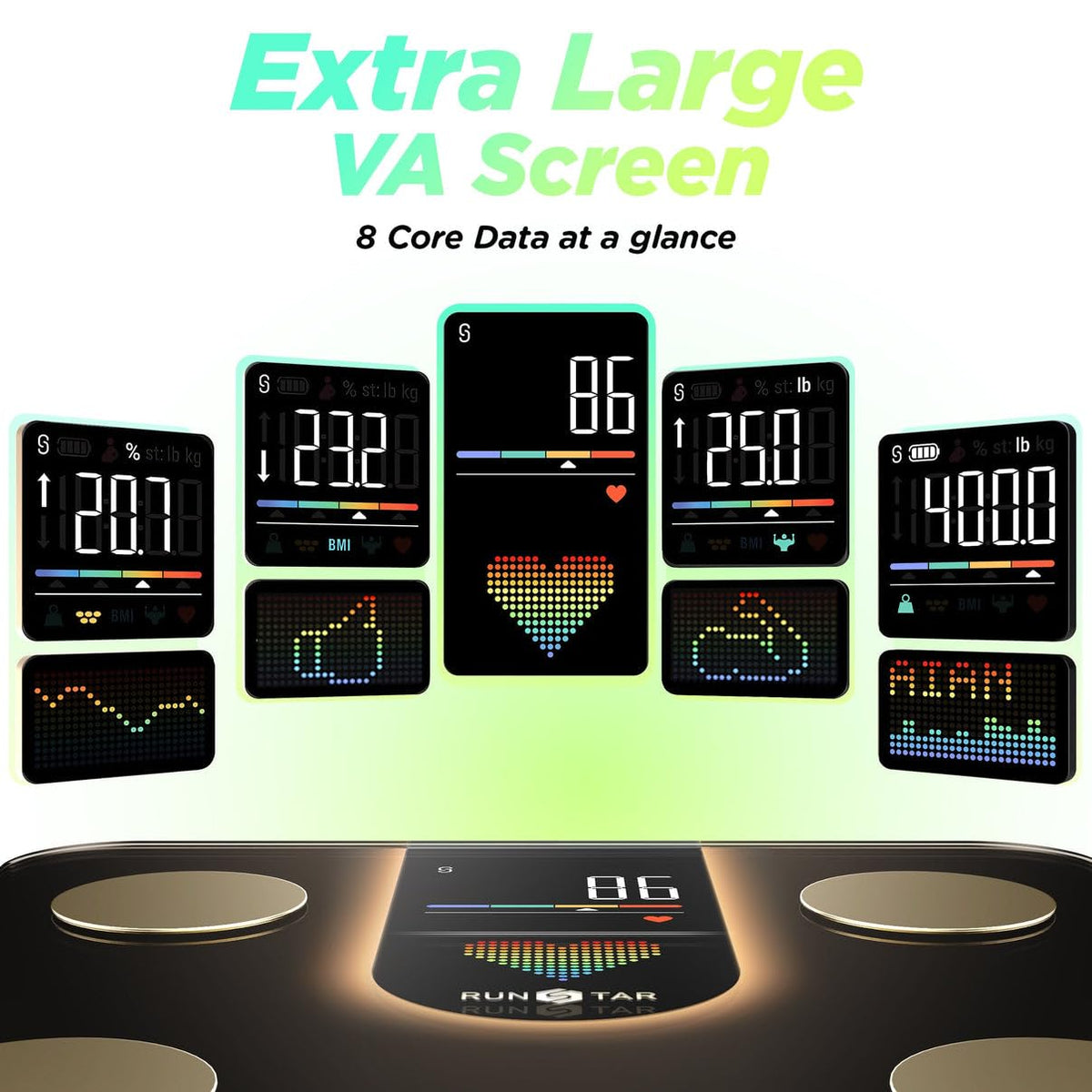 Runstar Scales for Body Weight, bathroom Scale with 8-in-1 VA Display, High Precision weighing Scale for Body Weight Heart Rate BMI Body Fat 22 Body Composition Sync APP, 400lb