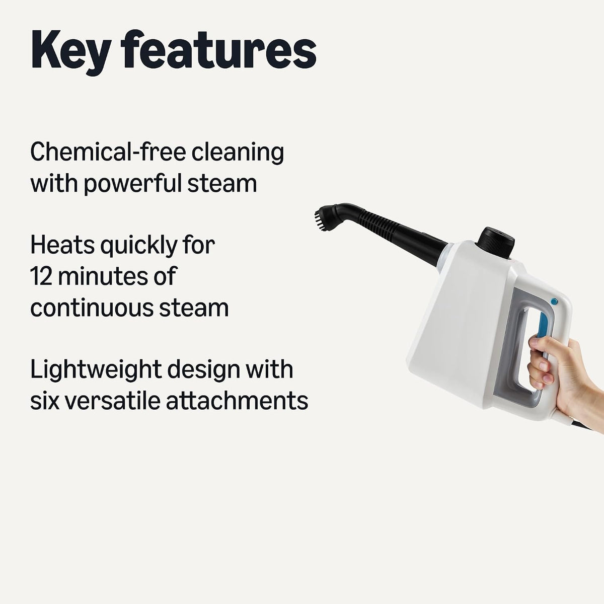 Amazon Basics Handheld Steam Cleaner with 6 Accessories, 1000W, 250ml Tank, 3-Minute Heat-Up, 8-12 Minutes Continuous Steam, Chemical-Free, White