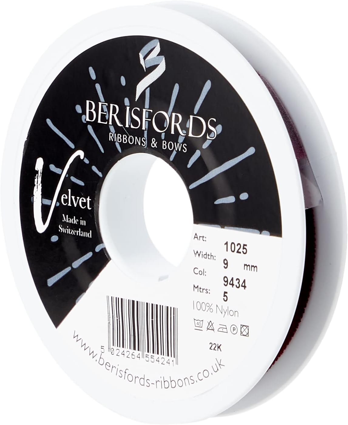 Berisfords Velvet Ribbon Burgundy 15mm - Nylon Craft Ribbon for Sewing, Gift Wrapping and Hair Accessories