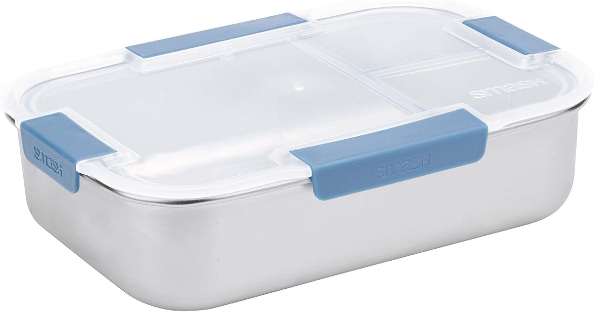 Smash Stainless Steel Bento Lunch Box, 3 Compartments, Blue, 1300ml