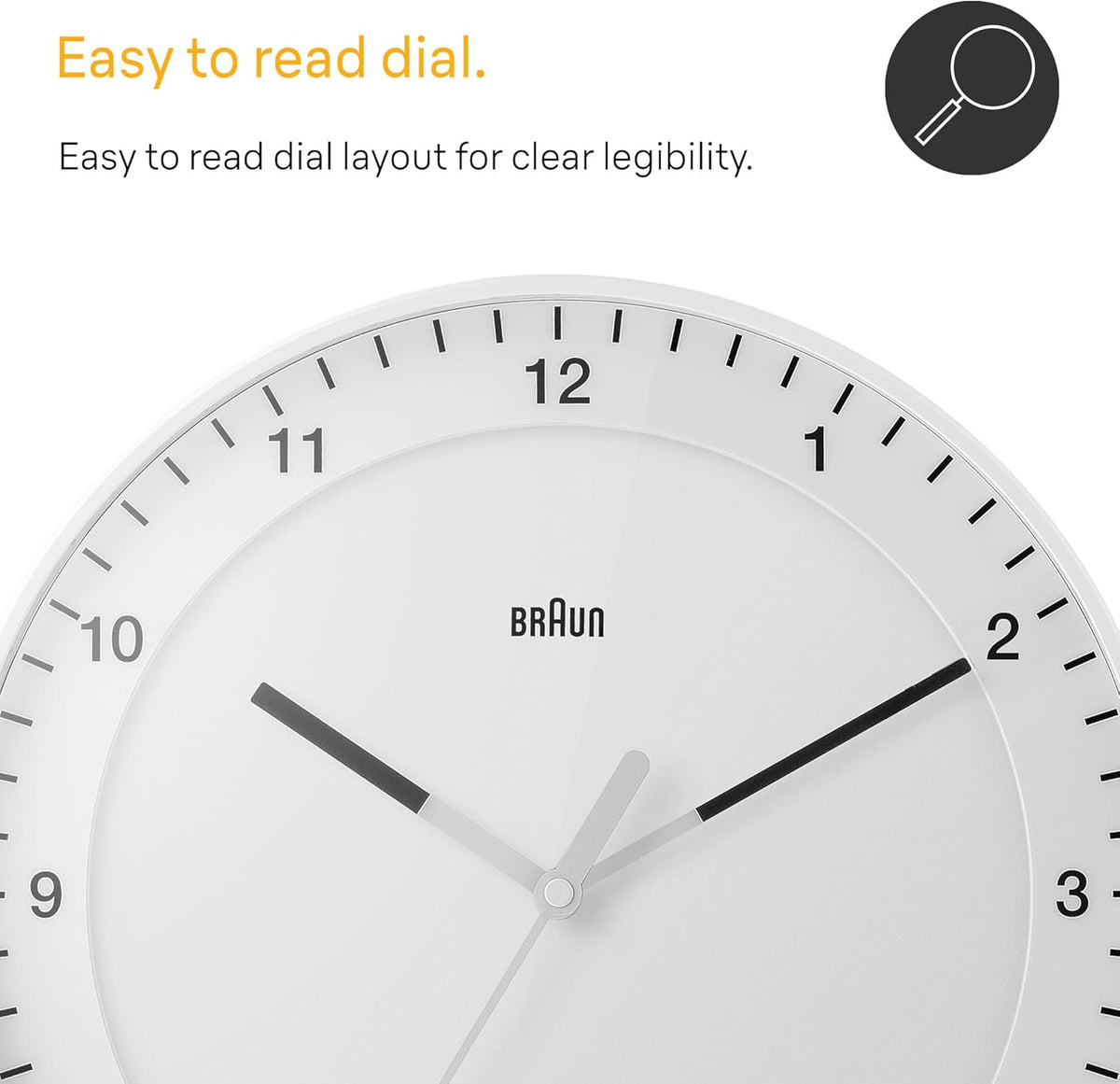 Braun Classic Large Analogue Wall Clock with Silent Sweep Movement, Easy To Read, 30cm Diameter in White, model BC17W.
