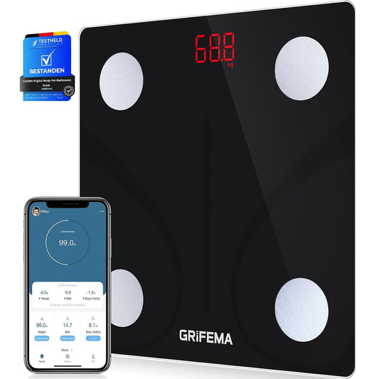 GRIFEMA GA2001 Body Fat Scale with App, BMI, Muscle & Bone Mass 150kg Black