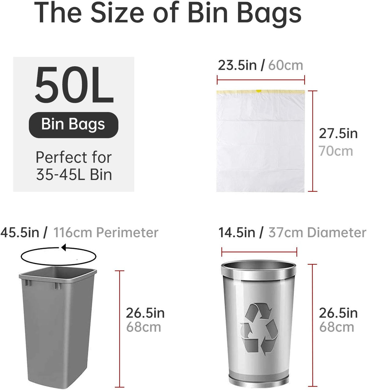blkk Bin Bags Heavy Duty Bin Liners 50L Swing Bin Liners Strong Pedal Drawstring Bin Bags with Tie Handle Unscented (5 Rolls, 100 Counts in All)
