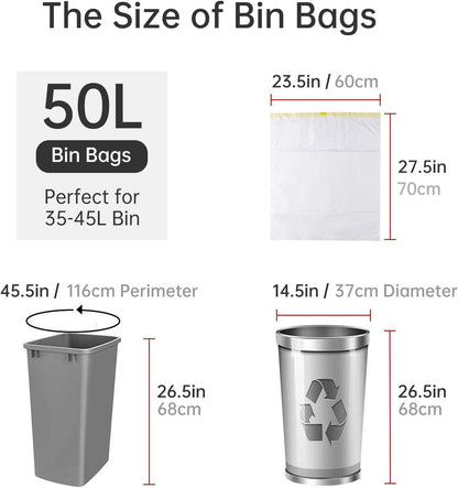 blkk Bin Bags Heavy Duty Bin Liners 50L Swing Bin Liners Strong Pedal Drawstring Bin Bags with Tie Handle Unscented (5 Rolls, 100 Counts in All)