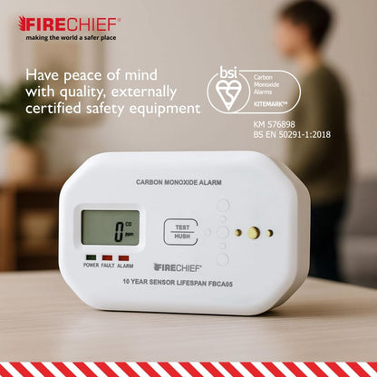 Firechief Carbon Monoxide Detector, 5 Year Battery Included - Visual & Audio Carbon Monoxide Alarm with LCD Display - Gas Detector - FBCA05 Model