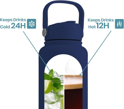 OMNIA Vacuum Insulated Stainless Steel Water Bottle, 2 Lids (Straw & Spout) Leakproof, BPA-Free, Reusable Flask for Sports, Gym, Travel, Outdoors (Slate Blue, 750 ml)