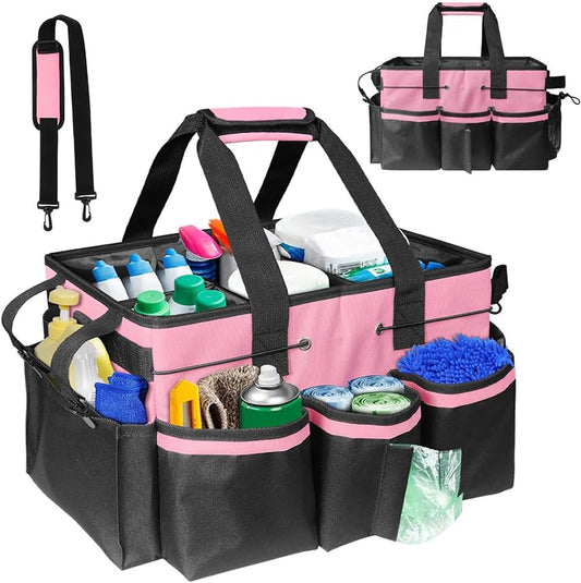 Cleaning Caddy with Handle, Professional Cleaning Bag with Detachable Divide, Adjustable Shoulder Strap & Waist Belt, Large Cleaning Caddy for Cleaning Supplies, Home, Car, Garden, Craft (Pink)