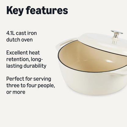 Amazon Basics Enamelled Cast Iron Dutch Oven Casserole with Lid, Heavy-Duty, Round, 4.1 L, White