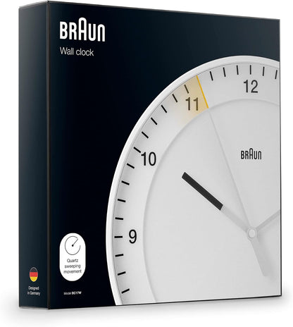 Braun Classic Large Analogue Wall Clock with Silent Sweep Movement, Easy To Read, 30cm Diameter in White, model BC17W.