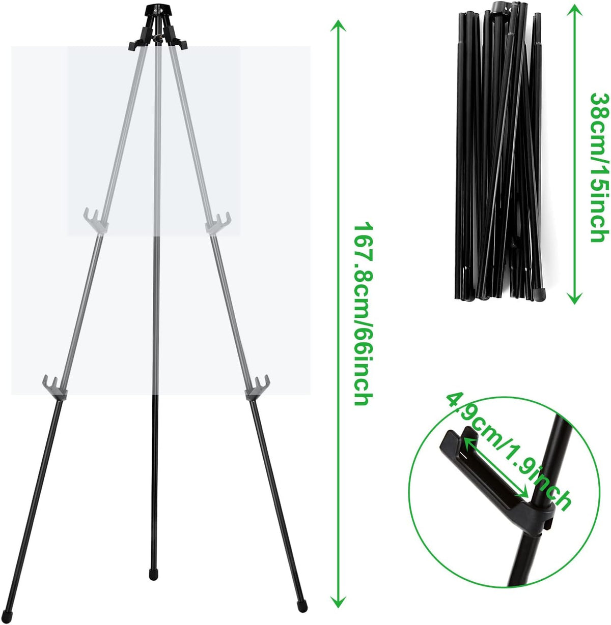 ASelected Display Easel Stand for Wedding Sign, Portable Folding Easel Floor Art Easel, Adjustable 160cm Tall Metal Poster Easel, Collapsible Tripod Easel with Plastic Clips, Black