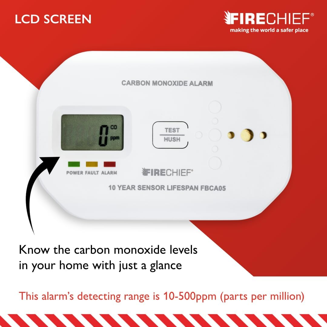 Firechief Carbon Monoxide Detector, 5 Year Battery Included - Visual & Audio Carbon Monoxide Alarm with LCD Display - Gas Detector - FBCA05 Model