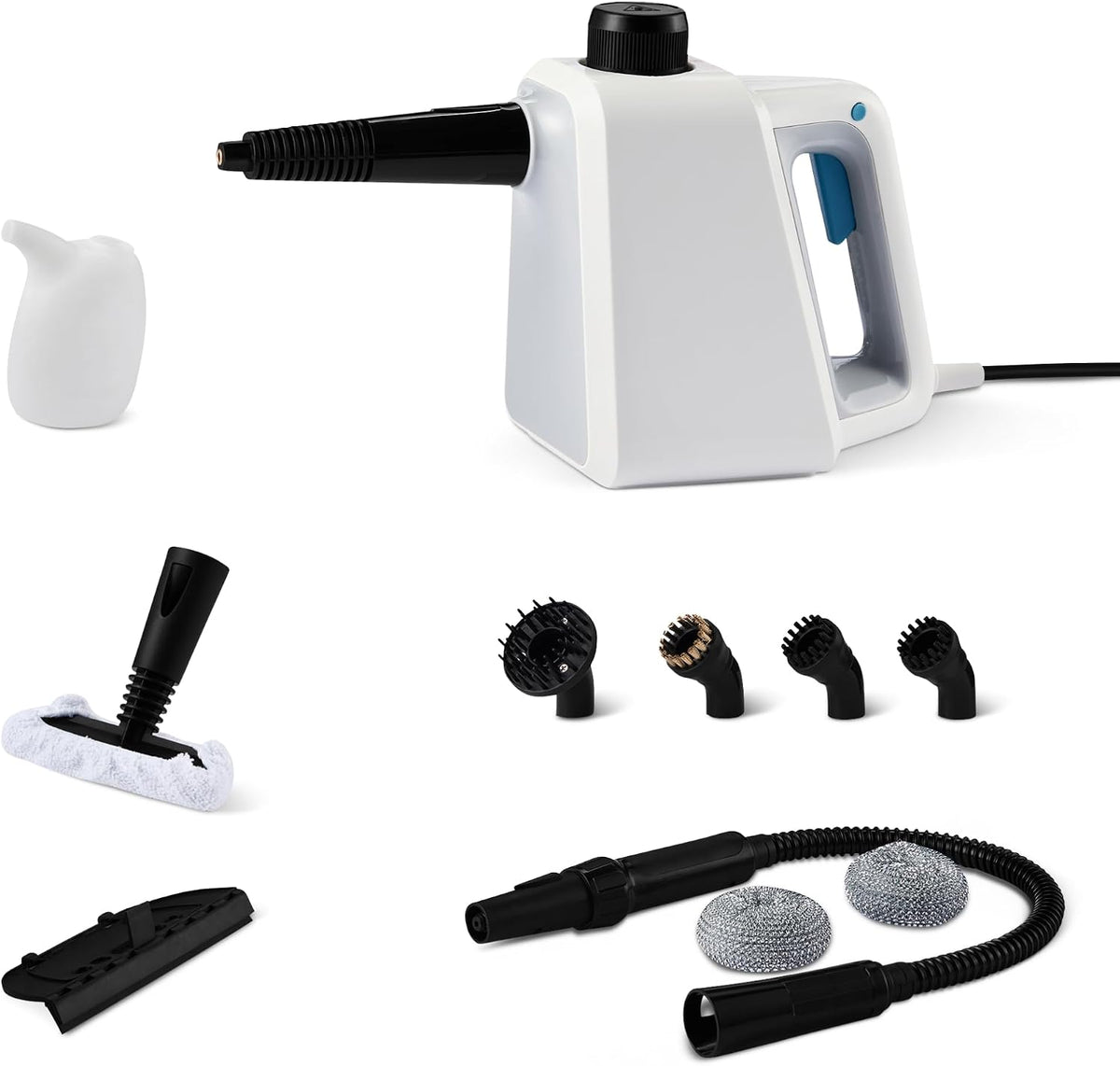 Amazon Basics Handheld Steam Cleaner with 6 Accessories, 1000W, 250ml Tank, 3-Minute Heat-Up, 8-12 Minutes Continuous Steam, Chemical-Free, White