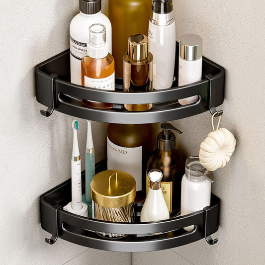 2PCS Corner Shower Shelf Self Adhesive and Drilling - Rustproof Shower Caddy Aluminium Shelves No Drill/Screw-in Wall Mounted Organiser for Bathroom, WC, Kitchen Space Saving Storage (Black)