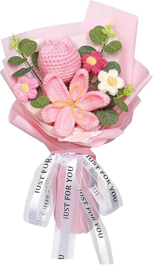 Crochet Bouquet Tulips Artificial Flowers Gifts for Women, Pink