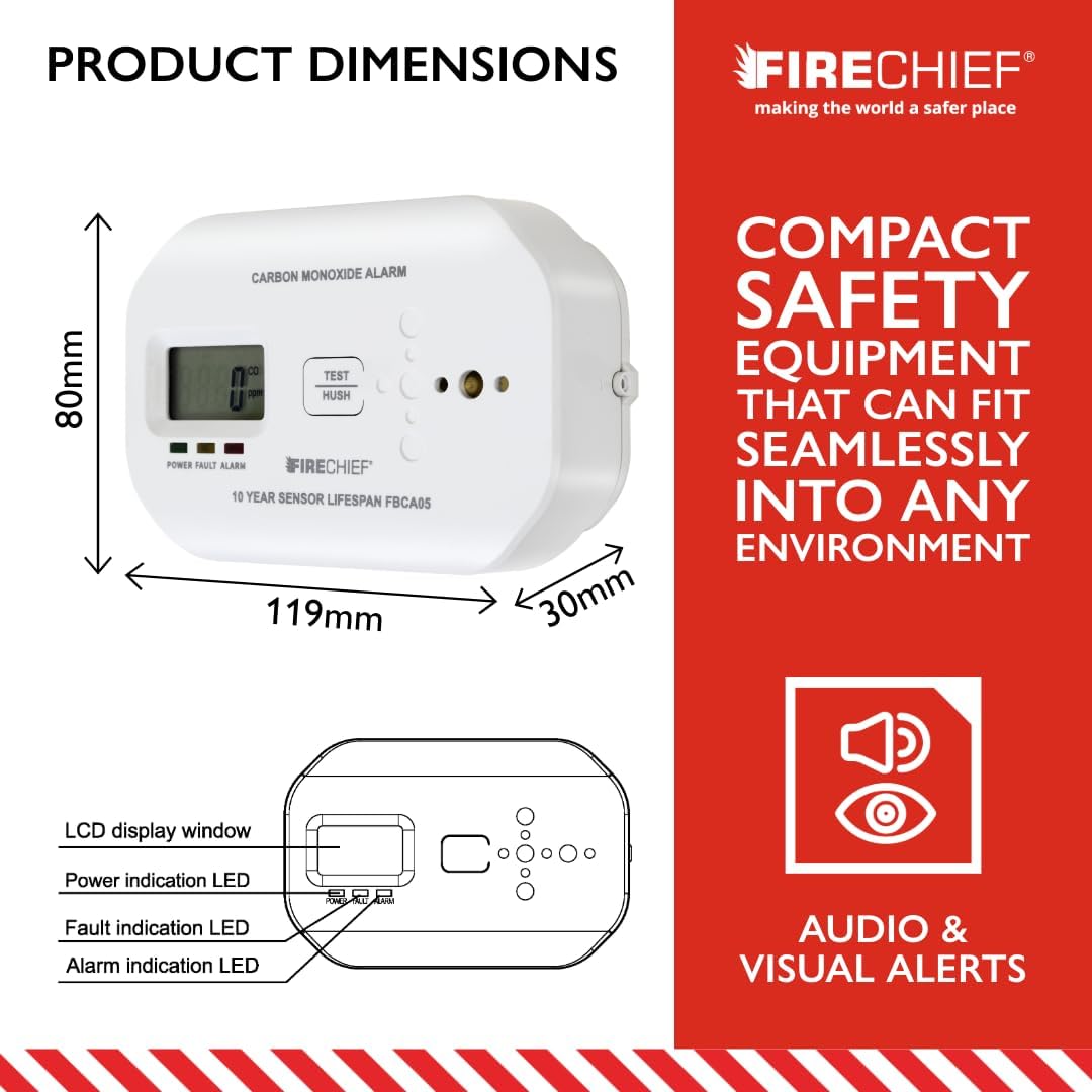 Firechief Carbon Monoxide Detector, 5 Year Battery Included - Visual & Audio Carbon Monoxide Alarm with LCD Display - Gas Detector - FBCA05 Model