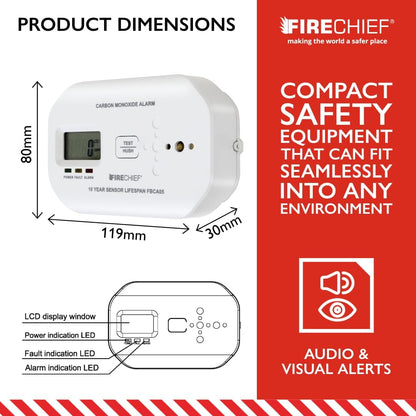 Firechief Carbon Monoxide Detector, 5 Year Battery Included - Visual & Audio Carbon Monoxide Alarm with LCD Display - Gas Detector - FBCA05 Model