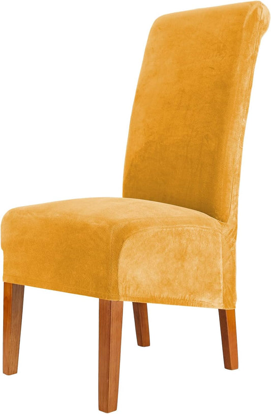 CMAKER Velvet Dining Chair Covers, Stretch Large Chair Slipcover, Spandex High Back Chairs Cover Elastic Washable Removable XL Chair Protector,Set of ２,Gold