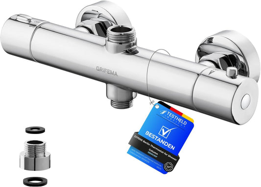 GRIFEMA G17005 Thermostatic Shower Mixer Bar Two Outlet, Wall Mounted Shower Mixer Tap,Anti-Scald, with TOP 3/4" and Bottom 1/2" BSP, Chrome,Silver