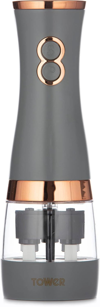 Tower Electric Salt and Pepper Mills, Battery Operated with Adjustable Ceramic Grinders, Grey and Rose Gold, T847004GRY