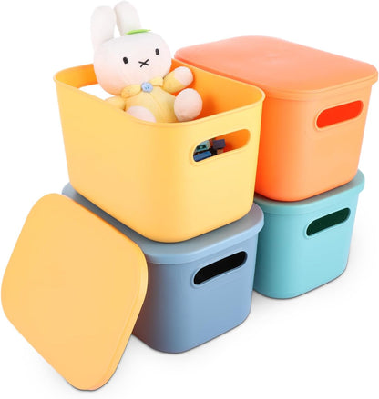ASelected 4 Pcs Storage Boxes with Lids,Plastic Storage Boxes Kitchen Stackable Storage Baskets for Kitchen, Cupboard, Office, Bathroom, Toy 25.5X18X15.4 cm