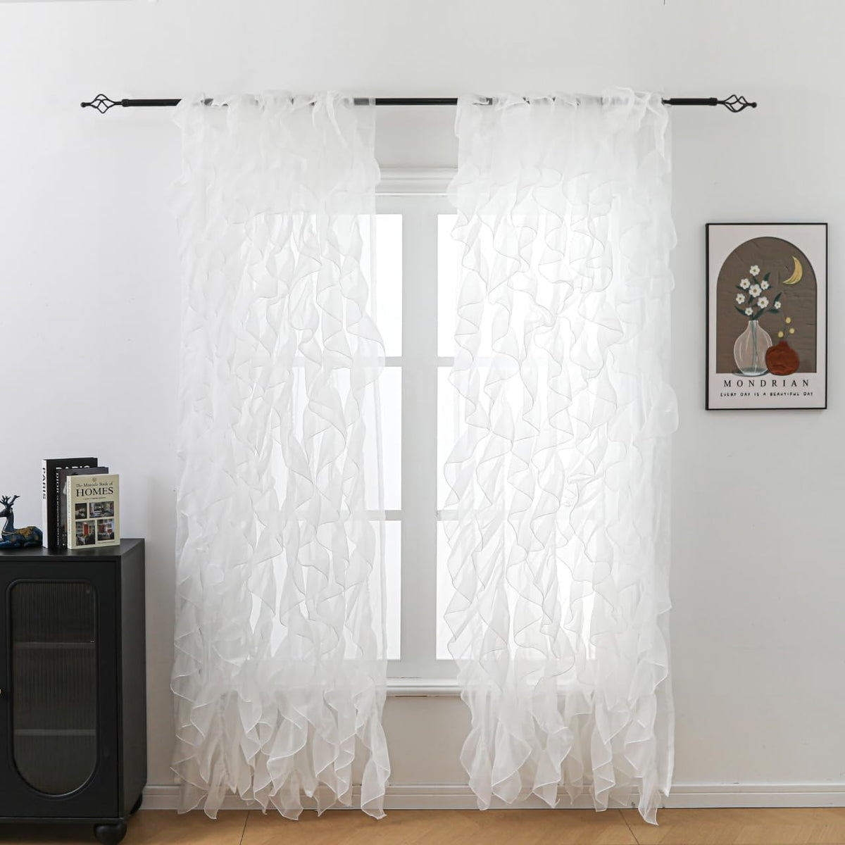 Cascade Farmhouse Shabby Chic Sheer Voile Vertical Ruffled Waterfall Window for Bedroom Living Room Curtain Panel 2 Panels(White, 50"×84")