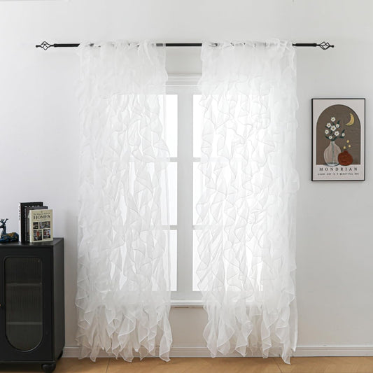 Cascade Farmhouse Shabby Chic Sheer Voile Vertical Ruffled Waterfall Window for Bedroom Living Room Curtain Panel 2 Panels(White, 50"×84")