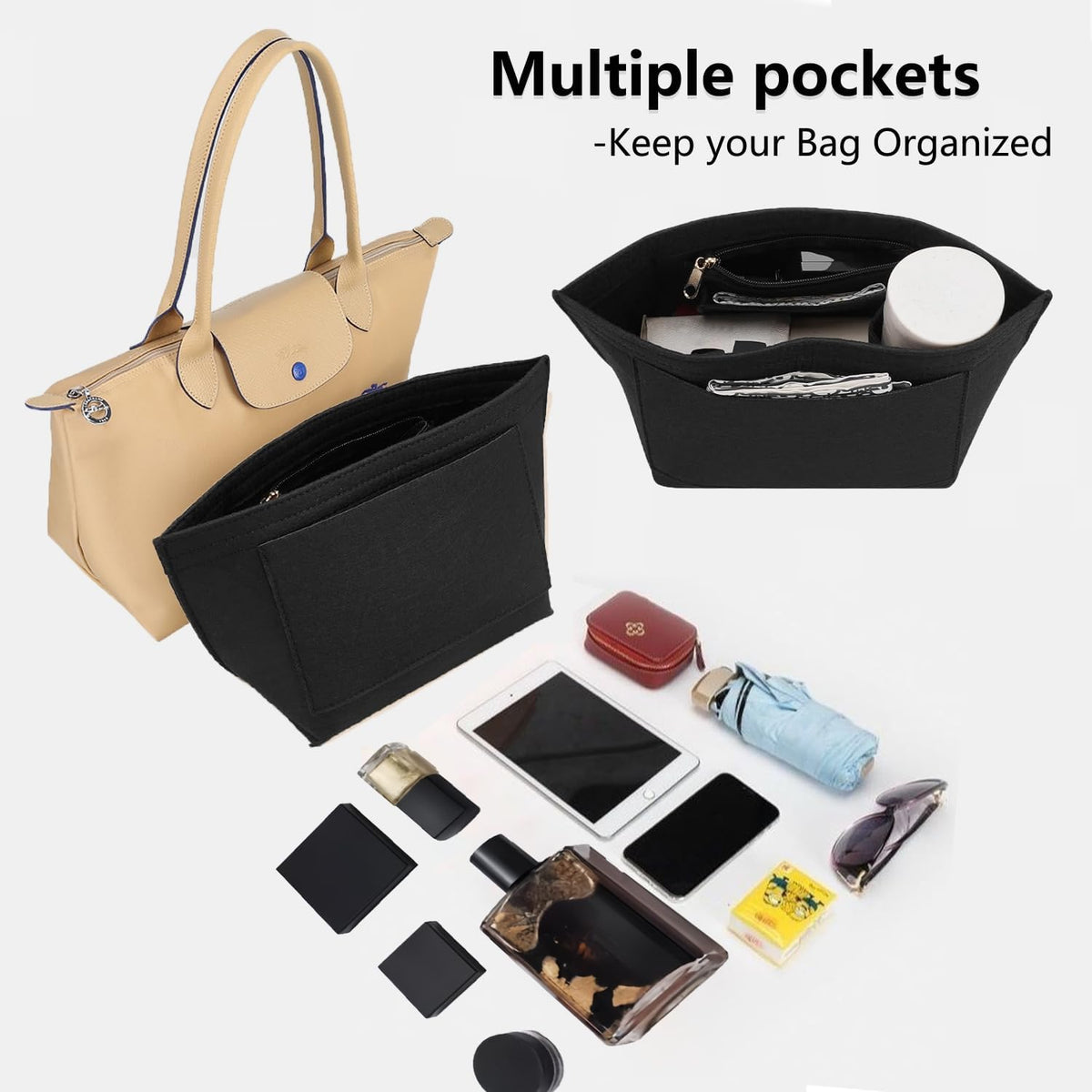 Bag Insert Organizer, Purse Insert Organizer With Zipper,Multi-Pocket Felt Handbag Organizer for Wallet Organize, Folding Tote Bag organize inserts for Longchamp (Dark gray, L)