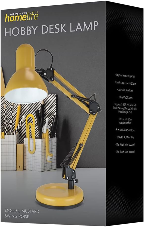 homelife for easy living 35W Swing Poise Hobby Desk Lamp - Tilt/Swivel Head - 35cm Swing Arm - Max. Height 52cm - Weighted Base with Desk Tidy - Inline Switch - L945MS - English Mustard
