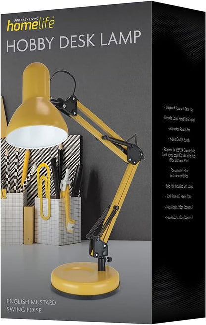 homelife for easy living 35W Swing Poise Hobby Desk Lamp - Tilt/Swivel Head - 35cm Swing Arm - Max. Height 52cm - Weighted Base with Desk Tidy - Inline Switch - L945MS - English Mustard