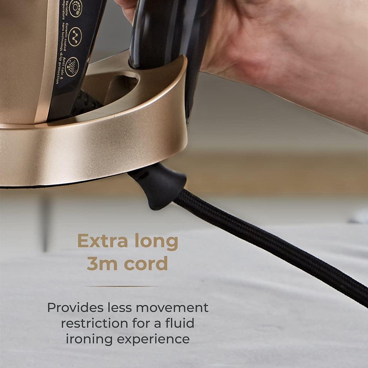 Tower Steam Iron 3100W, Extra-Long 3m Cord for Flexible Ironing, Fast Heat-Up, 190g Steam Boost for Fast Crease Removal, Ceramic Soleplate, 360ml Tank, Gold & Black (T22021GLD)