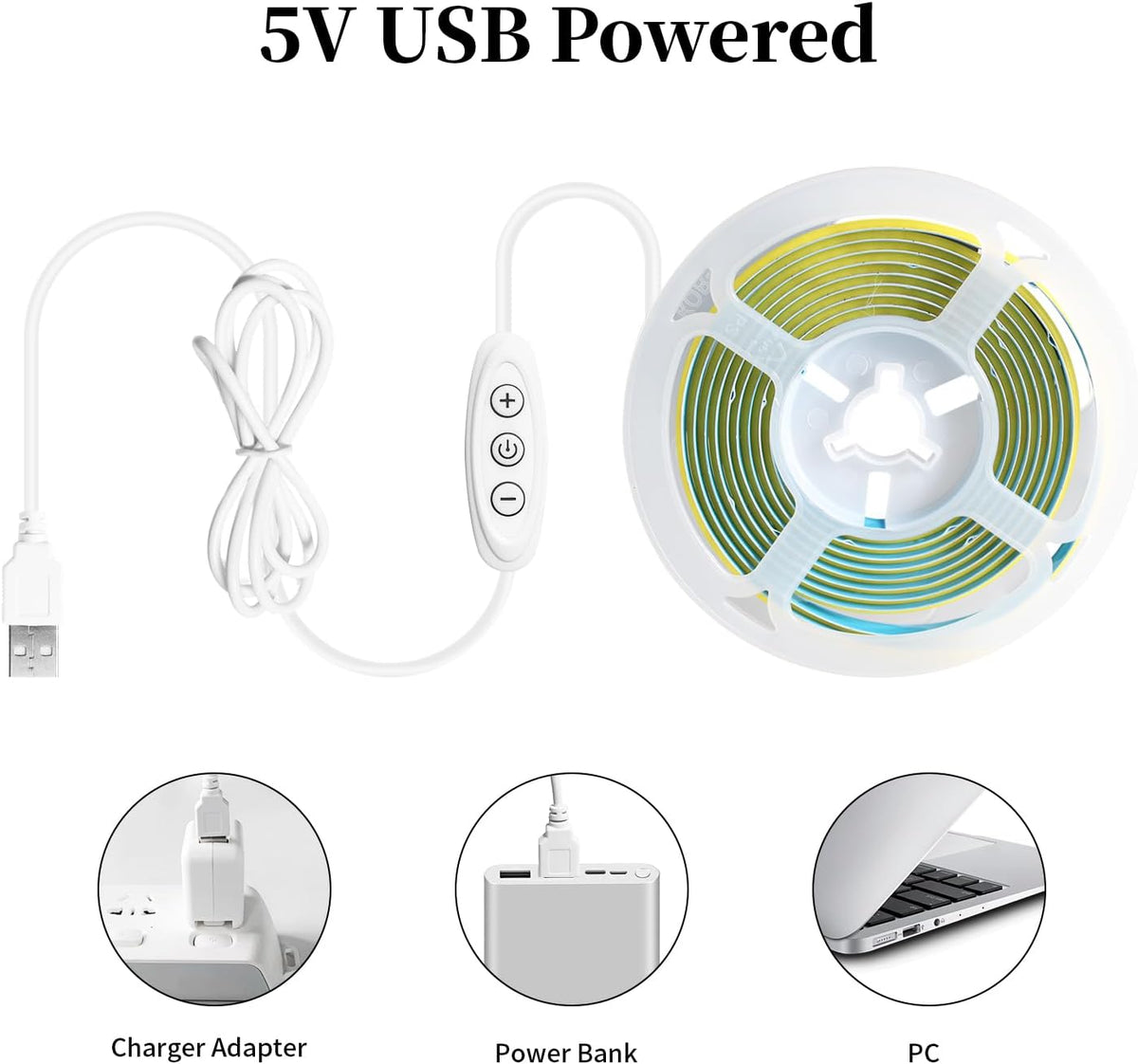 iNextStation USB COB LED Strip Light 2M 5V Cold White 6000K 640LEDs