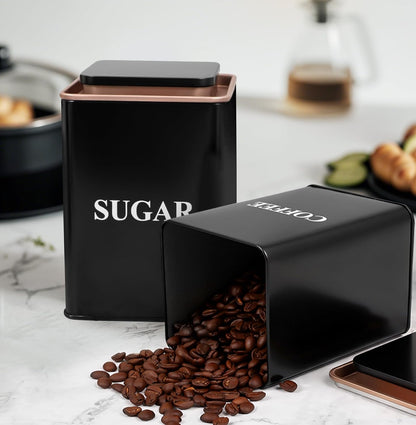 Tea Coffee Sugar Canisters, Set of 3 Tea Coffee and Sugar Canisters for Home, Easy Open & Airtight Lids, Decorative Food Caddy, Kitchen Storage Jars, Decorative Stainless Tins (BLACK SQUARE)