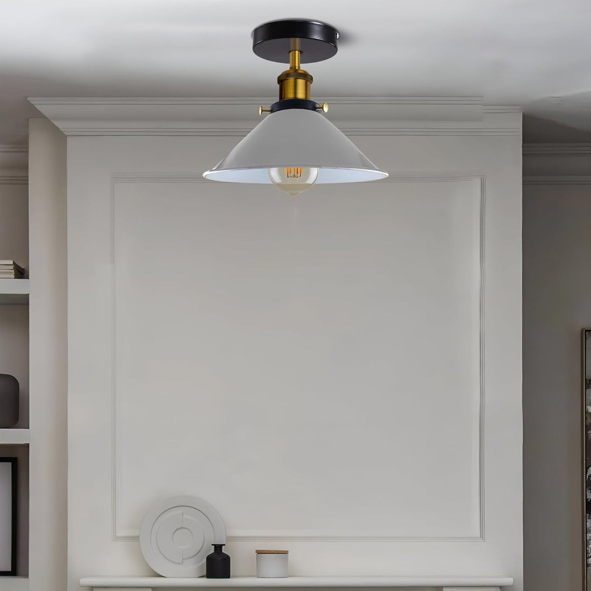 LEDSone Vintage Semi Flush Ceiling Lighting E27 Base Holder Metal Grey Lampshade Light Fitting Ceilings for Bedroom Kitchen Hallway Dining Rooms Living Room with Bulb