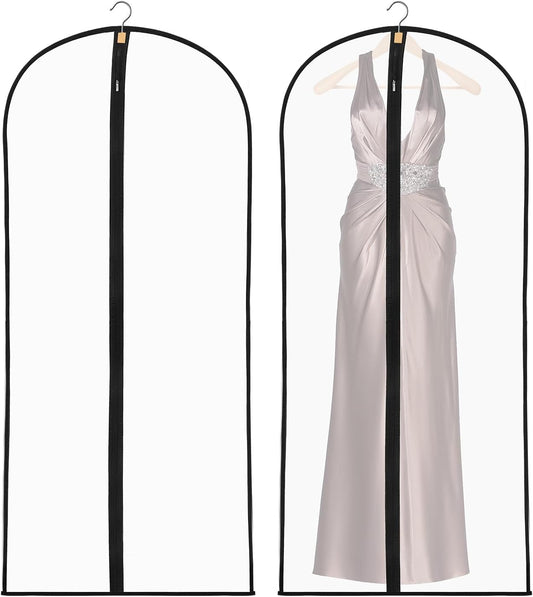 2 Pack Dress Bags Covers Long, 55in PEVA Garment Bags Suit Bags, Black Edge | Waterproof Dustproof Protection, Full Zip, Reusable, Translucent Design, For Dresses, Coats, Suits, Home or Travel