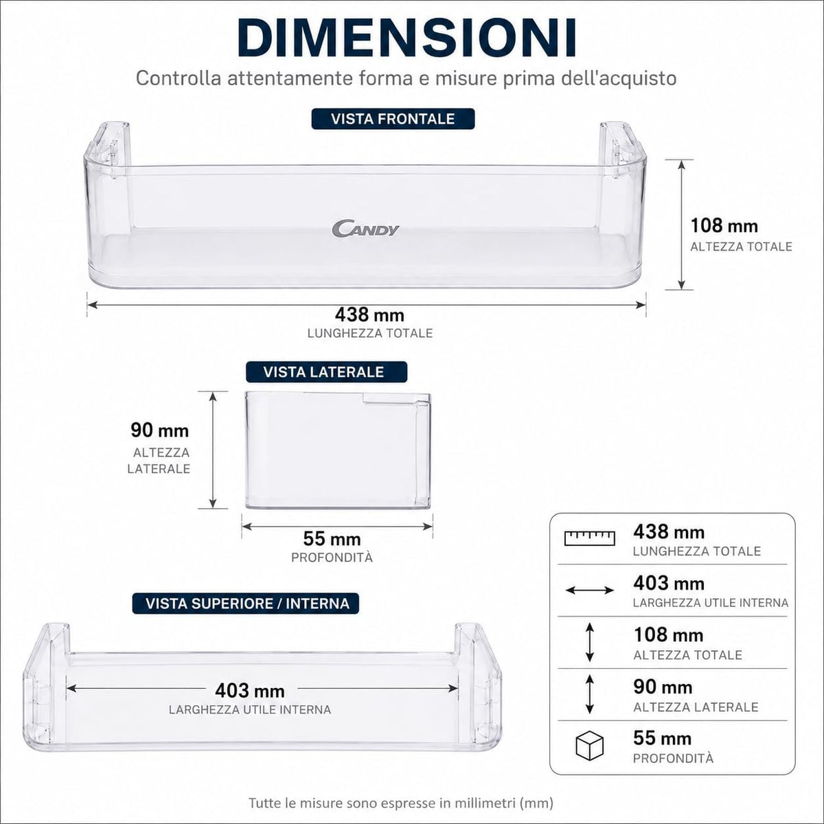 CANDY Fridge Door Replacement Shelf, Original Plastic Spare Part