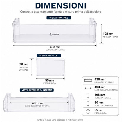 CANDY Fridge Door Replacement Shelf, Original Plastic Spare Part