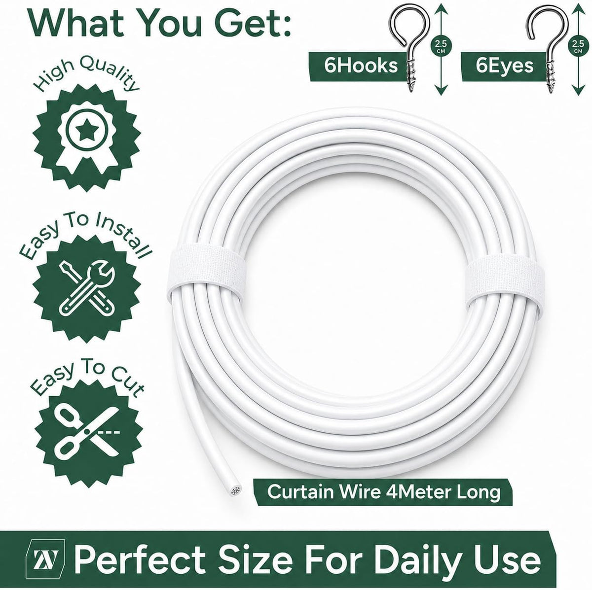 Zuvo Net Curtain Wire Kit with 6 Hooks and Eyes, 4 m, White