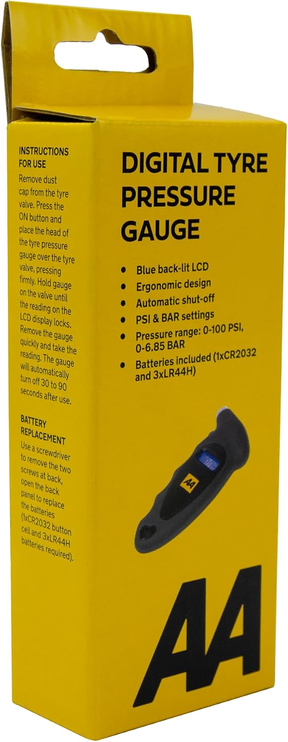AA Digital Tyre Pressure Gauge AA1634 - Easy to Use on Cars Motorbikes Vans Bicycles - Backlit LCD Screen - 0-100 PSI/0-6.85 Bar