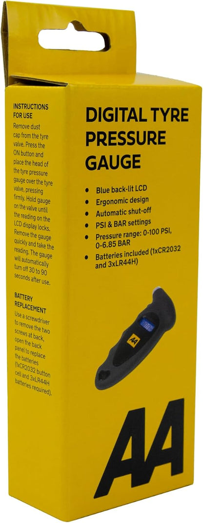 AA Digital Tyre Pressure Gauge AA1634 - Easy to Use on Cars Motorbikes Vans Bicycles - Backlit LCD Screen - 0-100 PSI/0-6.85 Bar