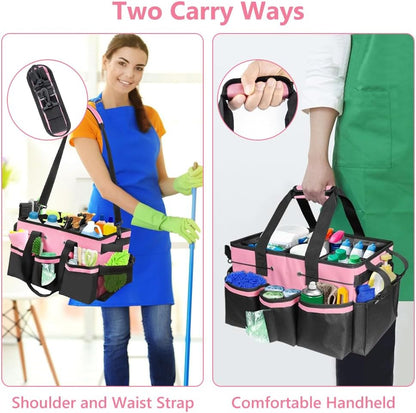 Cleaning Caddy with Handle, Professional Cleaning Bag with Detachable Divide, Adjustable Shoulder Strap & Waist Belt, Large Cleaning Caddy for Cleaning Supplies, Home, Car, Garden, Craft (Pink)