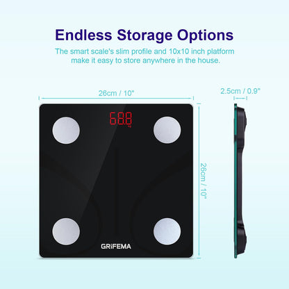 GRIFEMA GA2001 Body Fat Scale with App, BMI, Muscle & Bone Mass 150kg Black