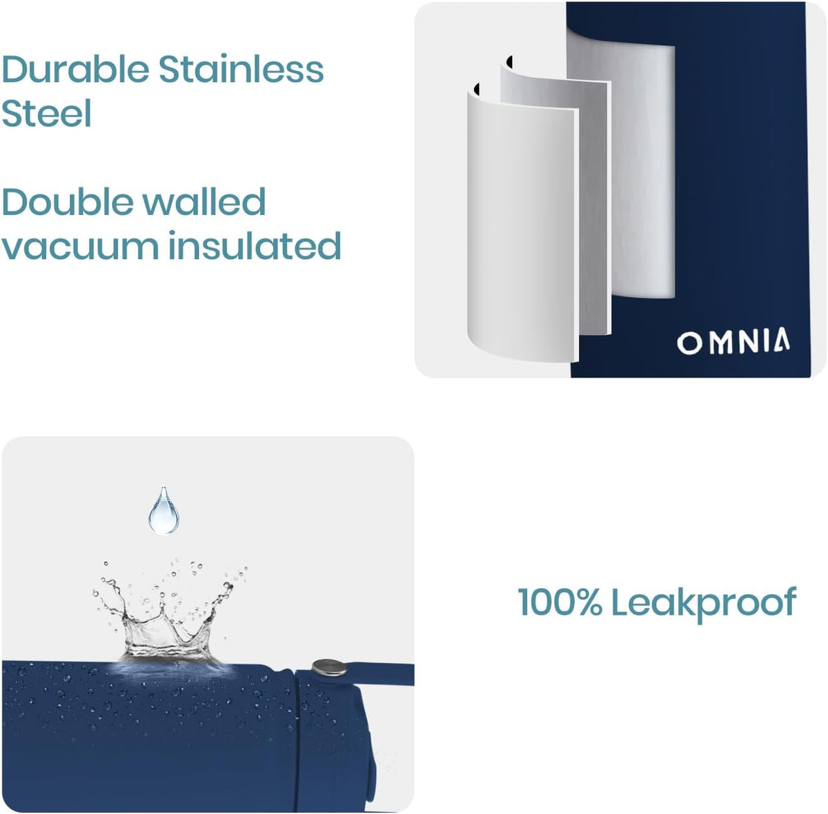 OMNIA Vacuum Insulated Stainless Steel Water Bottle, 2 Lids (Straw & Spout) Leakproof, BPA-Free, Reusable Flask for Sports, Gym, Travel, Outdoors (Slate Blue, 750 ml)